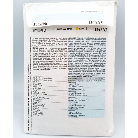 Butterick Pattern B4563 Home Decor One Size Round and Square Pillows 2005 Uncut - Picture 2 of 2